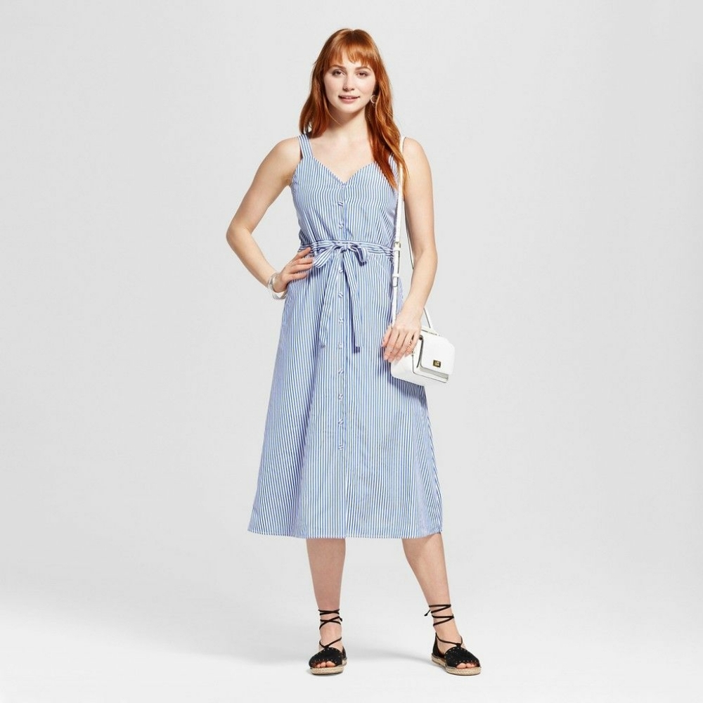 Pinstripe Midi Sundress w/ Button Front